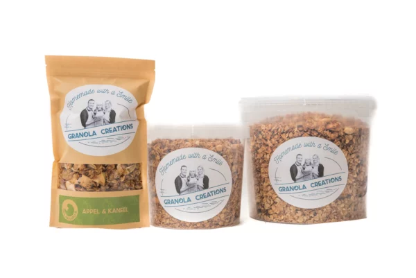 De drie mogelijke verpakkingen voor de appel en kaneel granola